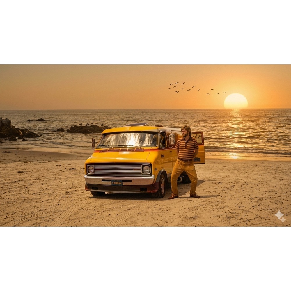Unbranded Vintage 70s Van Life Beach Sunset Framed Photo Print Yellow Dodge Van